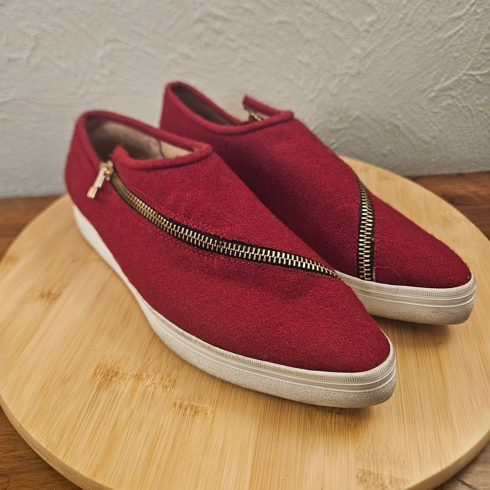 ALL BLACK For Anthropologie Red Fabric Wool? Slant Zipper Sneakers Size 37.5/7US